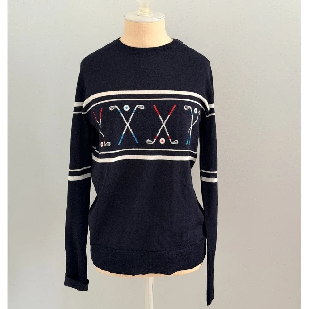 NWT L'Etoile Sport Women's M The Club Merino Wool Sweater Navy Blue Cozy Golf